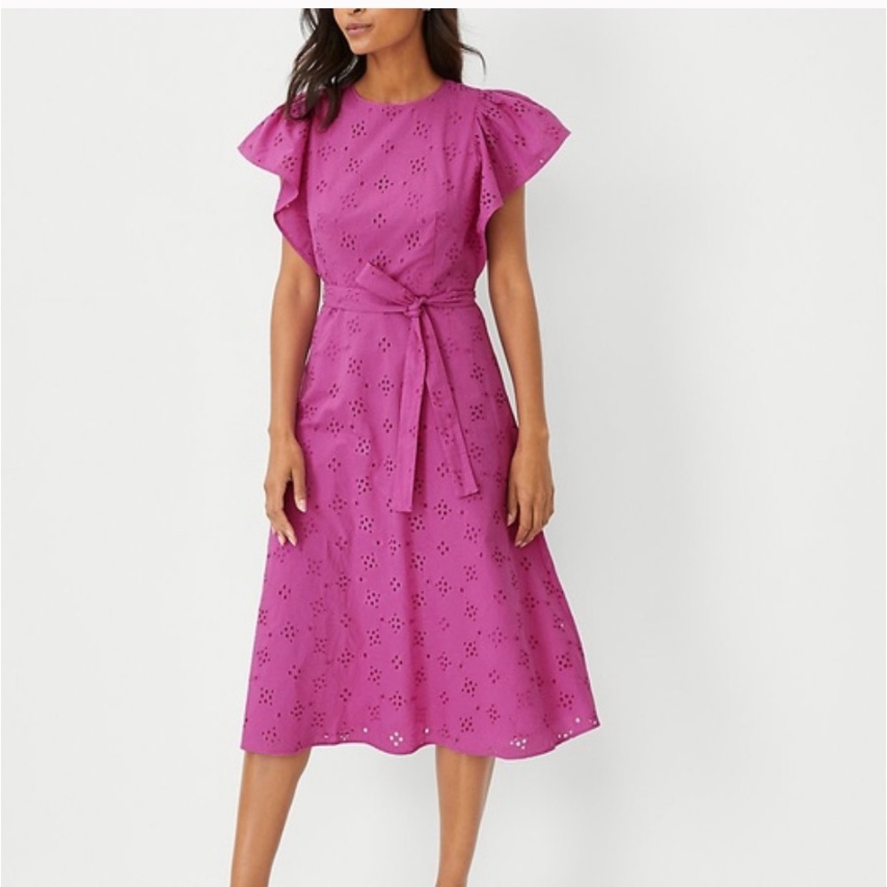 Ann Taylor Flutter Eyelet Midi Dress in purple peony